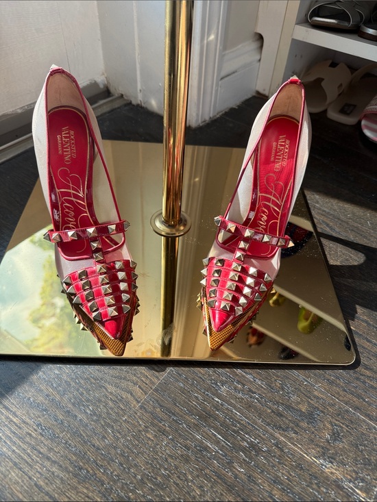 Valentino Garavani Shoes - Valentino Garavani red and Gold Studded Pointed-Toe Flats